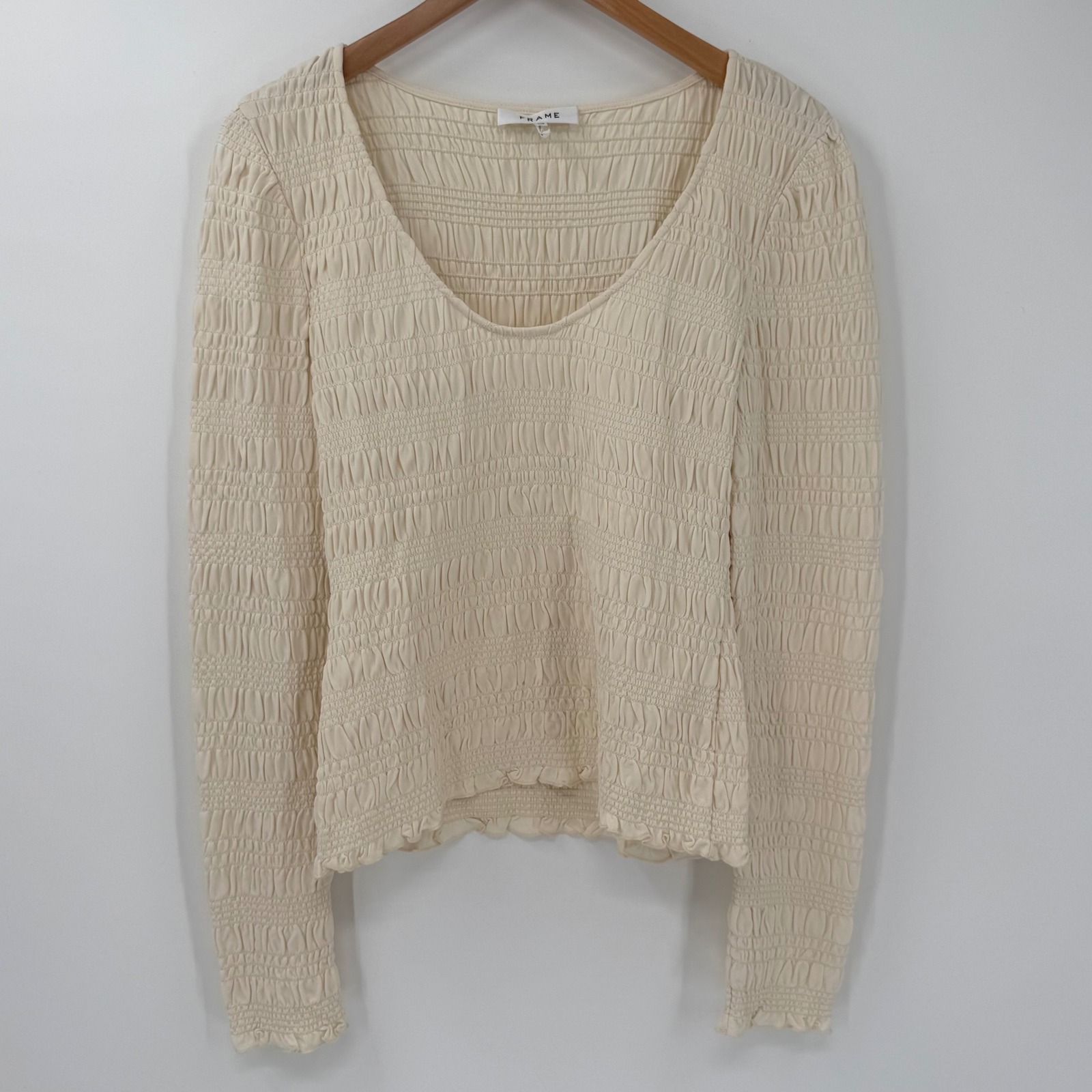 Frame Smocked Long Sleeve Top Bone Ruched Stretch Knit Women Large